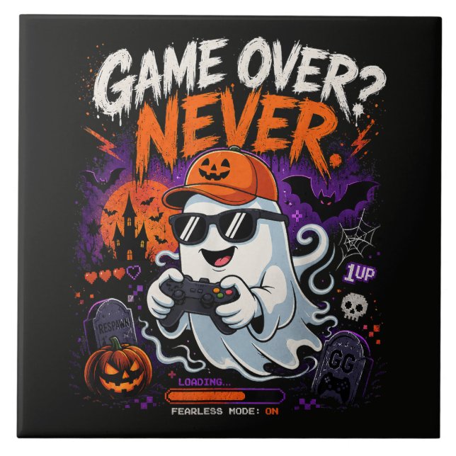 Game Over Never Funny Gamer Ghost Halloween Ceramic Tile (Front)