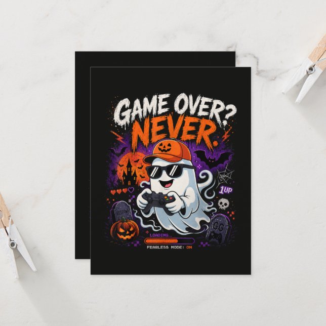 Game Over Never Funny Gamer Ghost Halloween Invitation (Front/Back In Situ)
