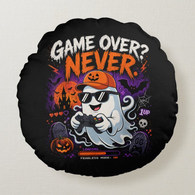 Game Over Never Funny Gamer Ghost Halloween Round Cushion (Front)