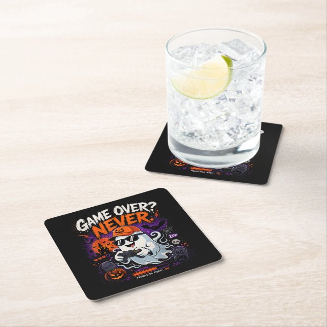 Game Over Never Funny Gamer Ghost Halloween Square Paper Coaster (Insitu)