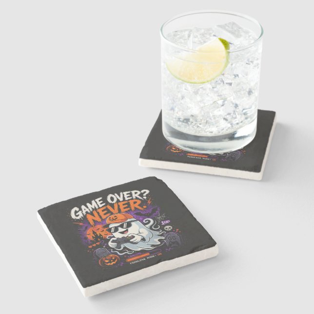 Game Over Never Funny Gamer Ghost Halloween Stone Coaster (Side)