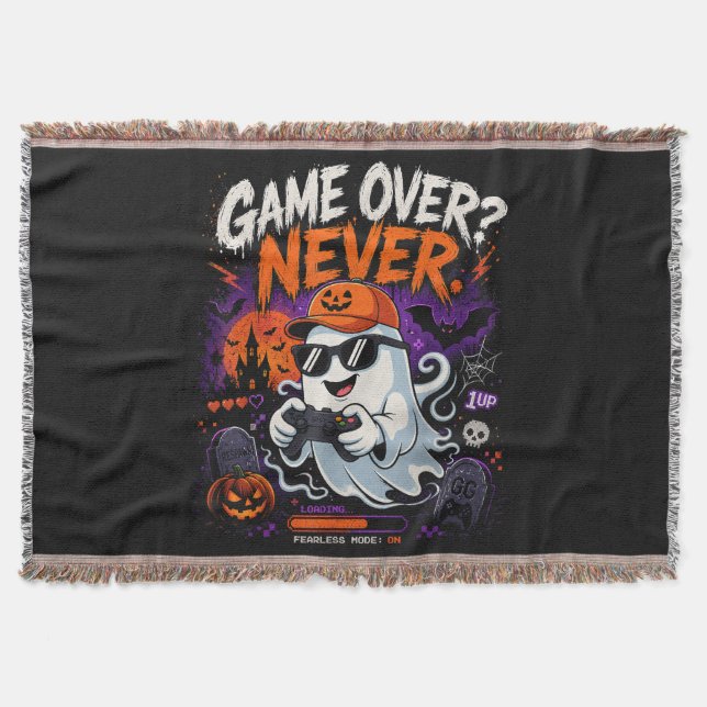 Game Over Never Funny Gamer Ghost Halloween Throw Blanket (Front)