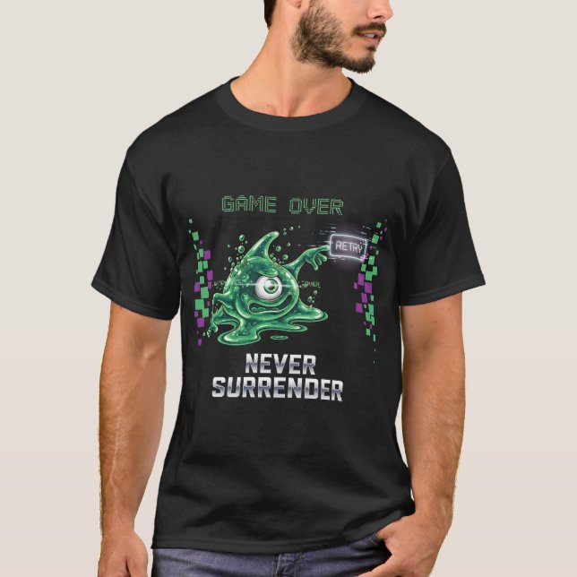 Game Over Never Surrender Retro Gaming T-Shirt | F (Front)