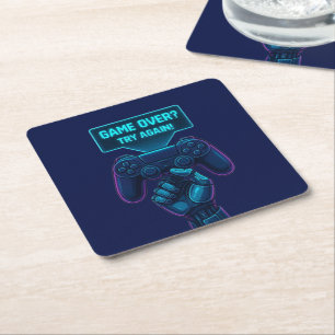 Game Over? Try Again! – Cool Futuristic Gamer  Square Paper Coaster