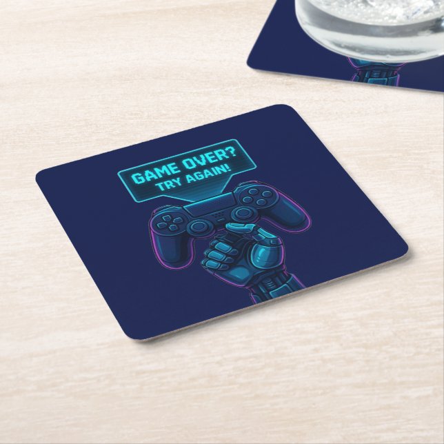 Game Over? Try Again! – Cool Futuristic Gamer  Square Paper Coaster (Angled)