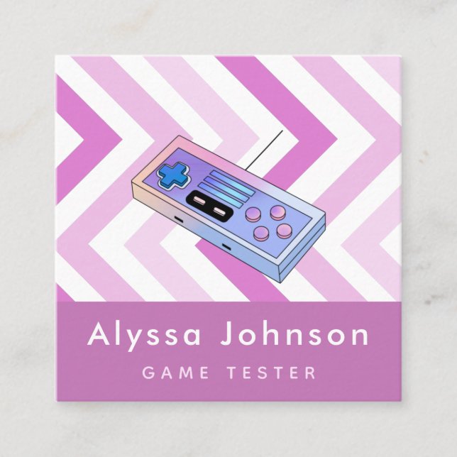 Game Tester Developer Retro Controller Gadget Pink Square Business Card (Front)