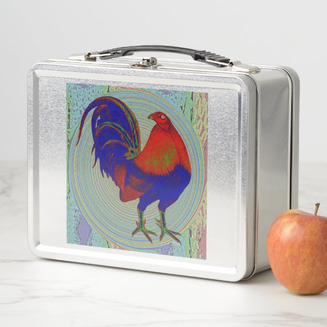 Gamecock:  Impressionist Rooster Metal Lunch Box (In Situ)