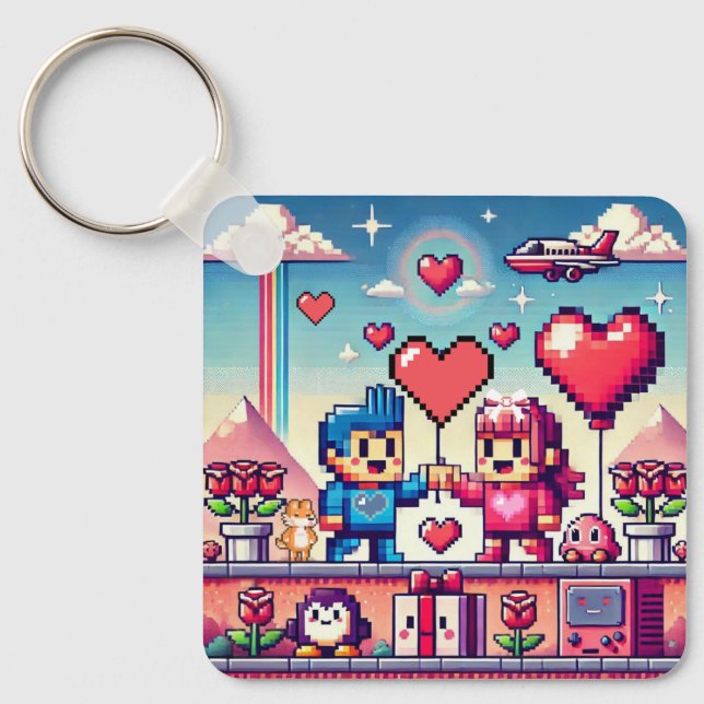 Gamer 8 bit Valentine's Day  Key Ring (Front)