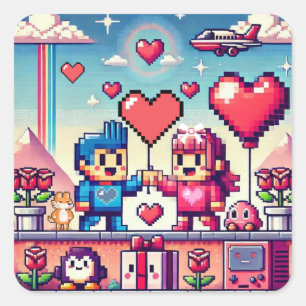 Gamer 8 bit Valentine's Day Square Sticker