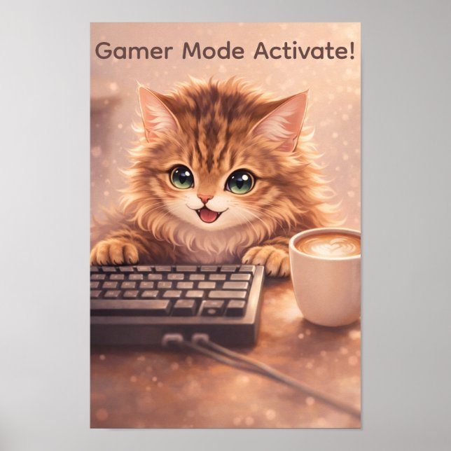 Gamer Anime Cat at Keyboard Poster (Front)