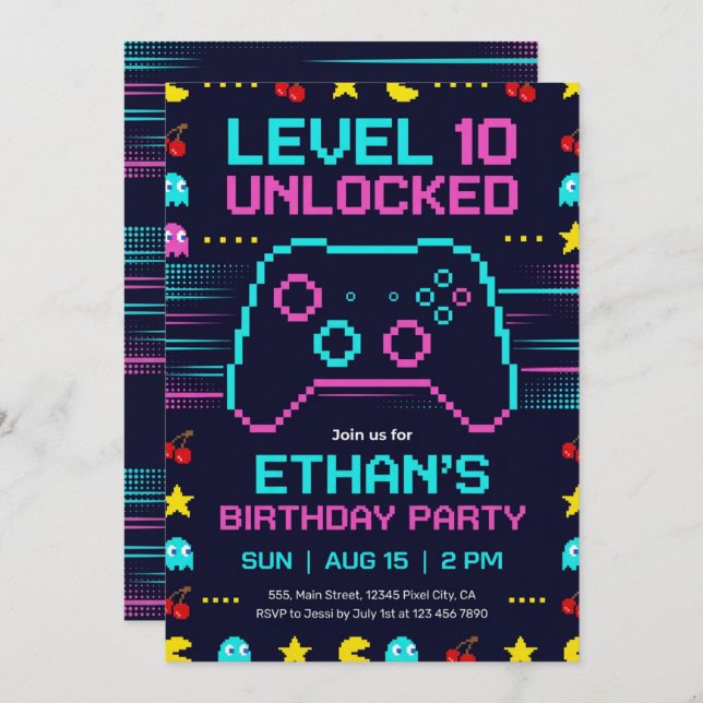 Gamer Birthday Invitation  Pixel Video Game Party (Front/Back)