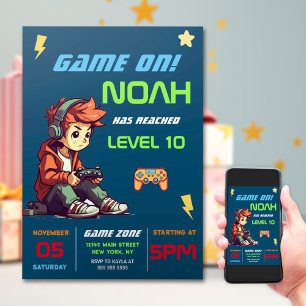 Gamer Boy Blue Video Game Birthday Invitation