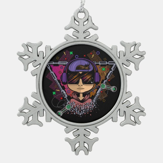 Gamer Boy Snowflake Pewter Christmas Ornament (Front)