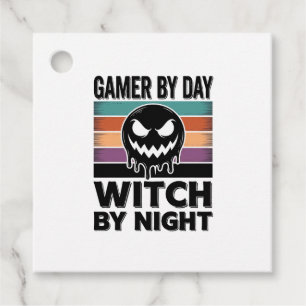 Gamer By Day Witch By Night Retro Halloween Design Favour Tags