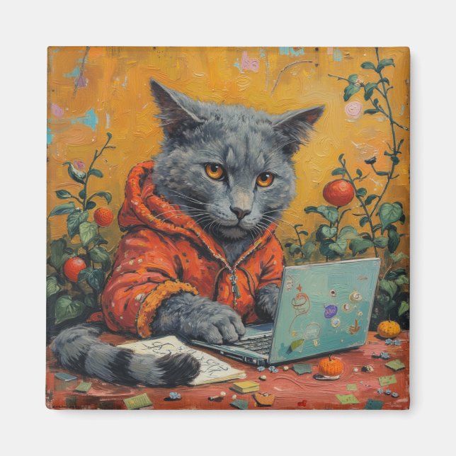 Gamer Cat at the Computer – Funny Tech Meme Square Magnet (Front)