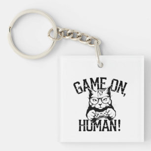 Gamer Cat Design Game On Human - Cute Funny Cat  Key Ring