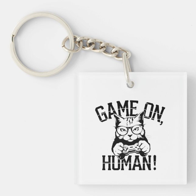 Gamer Cat Design Game On Human - Cute Funny Cat  Key Ring (Front)