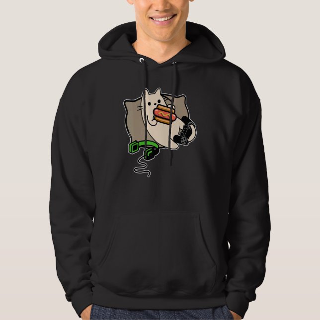 Gamer Cat Eating Hot Dog Game Loading Hoodie (Front)