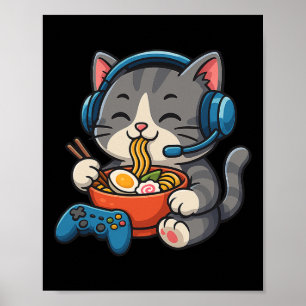 Gamer Cat Eating Ramen - Gaming Lover Console Game Poster