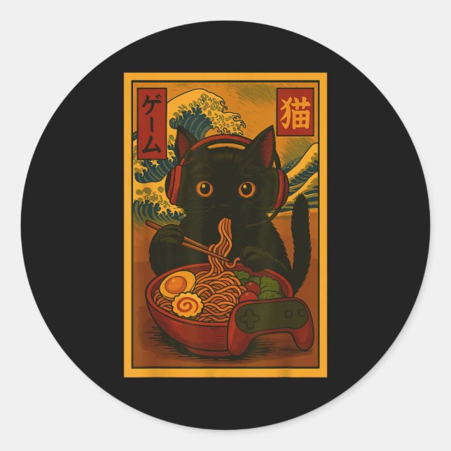 Gamer Cat Eating Ramen Japanese Style  Classic Round Sticker (Front)