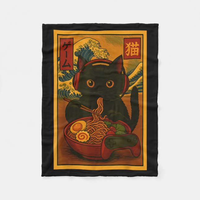Gamer Cat Eating Ramen Japanese Style  Fleece Blanket (Front)