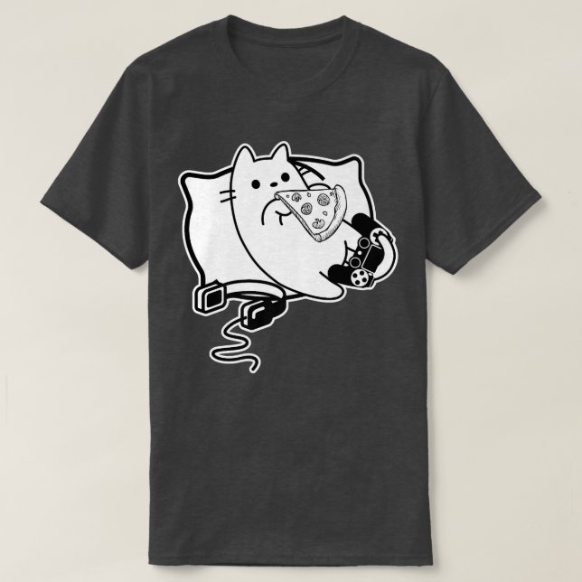 Gamer Cat Girl Boy loading Pizza, Headset and Pad  T-Shirt (Design Front)