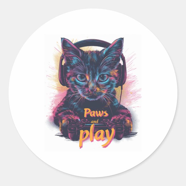 Gamer Cat Level Up Classic Round Sticker (Front)