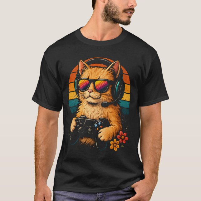 Gamer Cat – Retro Style Headphones & Controller T-Shirt (Front)