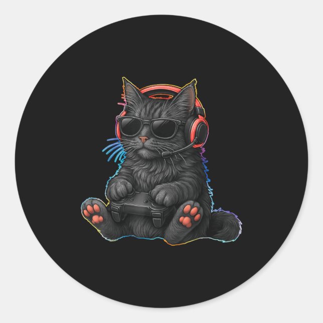 Gamer Cat Video Games Boys Teen Men Girls Funny Ga Classic Round Sticker (Front)
