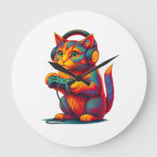 Gamer Cat Video Games Boys Teen Men Girls Funny Large Clock