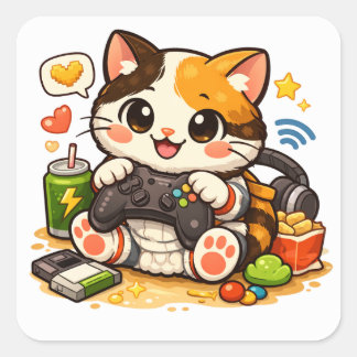 Gamer Cat with Controller | Funny Gaming Cat Desig Square Sticker