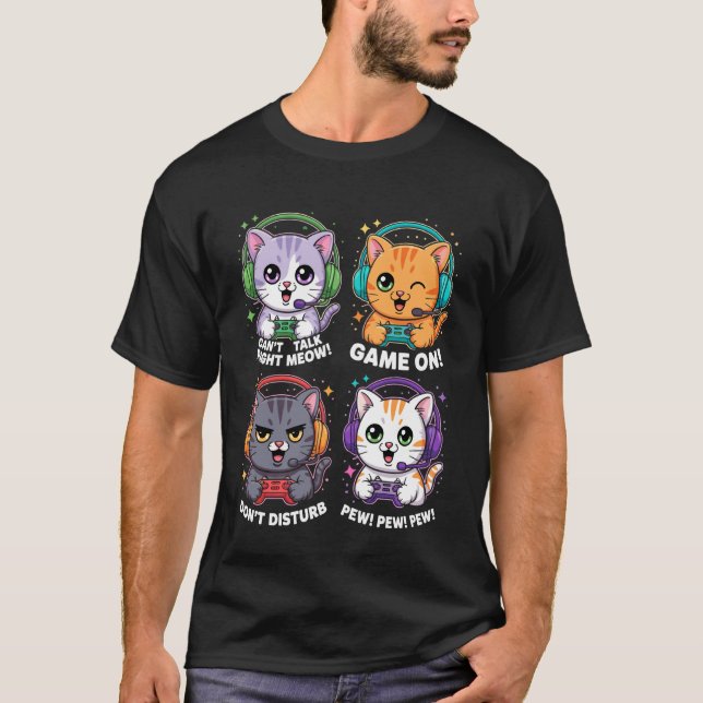 Gamer Cats Pew Pew Pew Video Game On Don't Disturb T-Shirt (Front)