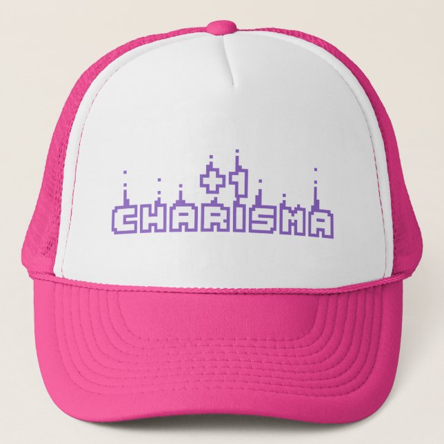 Gamer Charisma Stat Cute Purple Pixel Art Slogan Trucker Hat (Front)