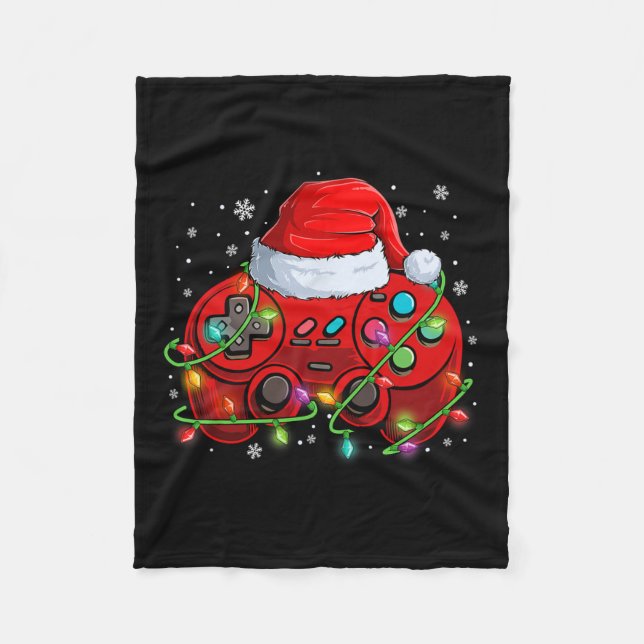 Gamer Christmas Video Game Santa Hat Lights Gaming Fleece Blanket (Front)