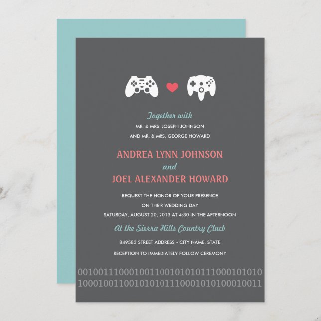 Gamer Controller Love Wedding Invites - Red & Grey (Front/Back)