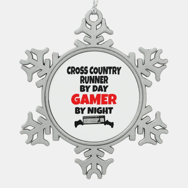 Gamer Cross Country Runner Snowflake Pewter Christmas Ornament (Front)
