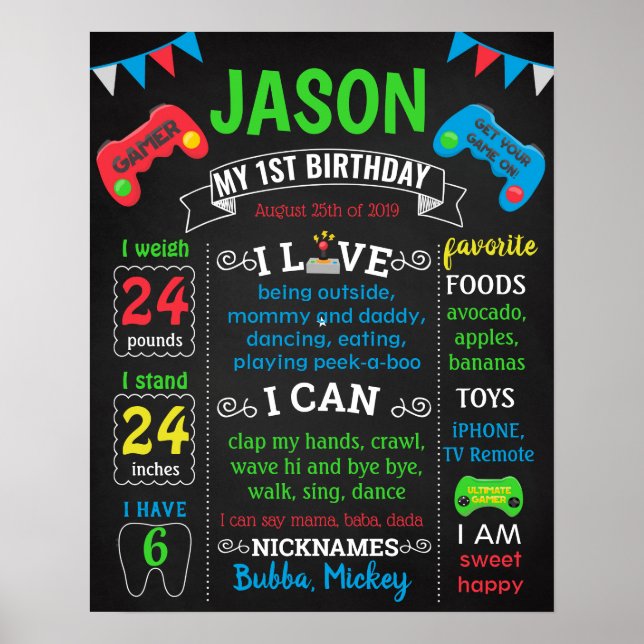 Gamer Game pad Birthday chalkboard sign (Front)