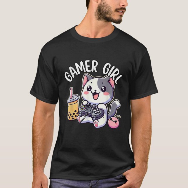 Gamer Girl Cat Gaming Cute Video Game Women Girls  T-Shirt (Front)