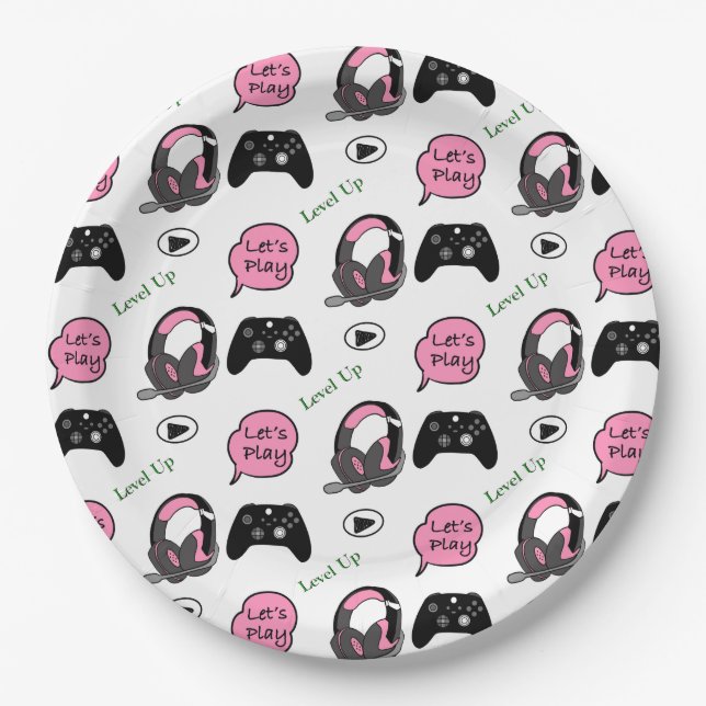 Gamer Girl Pink and Black Birthday Paper Plate (Front)