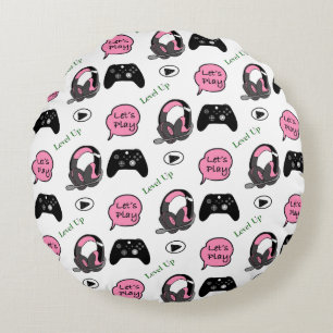 Gamer Girl Pink and Black   Round Cushion