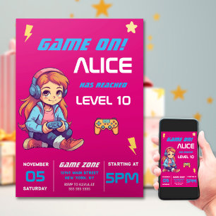 Gamer Girl Pink Video Game Birthday Invitation