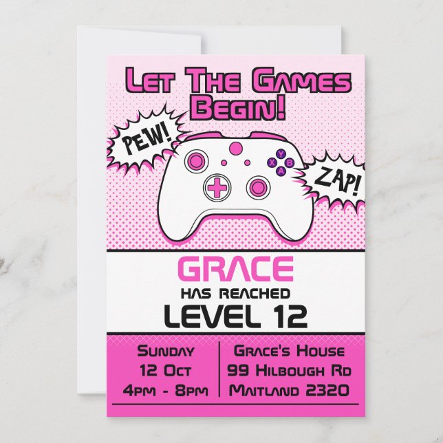 Gamer Girl Pink White Controller 12th Birthday Invitation (Front)