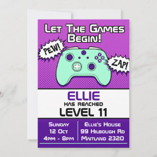 Gamer Girl Purple 11th Birthday Invitation