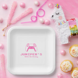 Gamer Girl Simple Pink Birthday Party Paper Plate