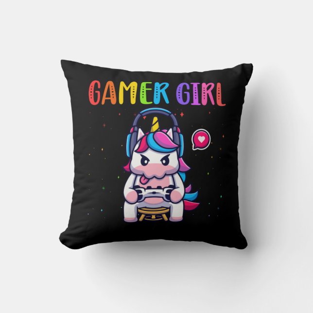 Gamer Girl Unicorn Gaming Cute Video Game Cushion (Front)