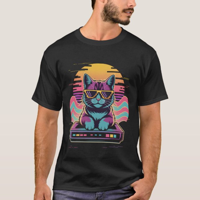 Gamer Glow Pixel Cat T-Shirt (Front)