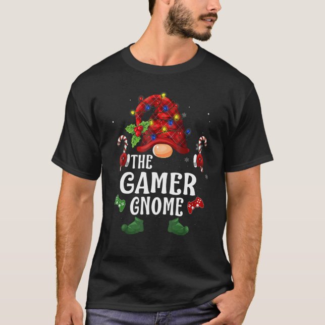 Gamer Gnome Buffalo Plaid Matching Family Christma T-Shirt (Front)