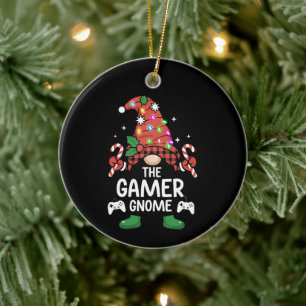 Gamer Gnome Buffalo Plaid Matching Family Xmas Ceramic Ornament