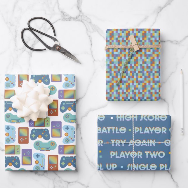 Gamer Grid Coordinates Gift Wrap Flat Sheet Set (Front)