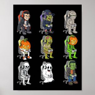 Gamer Halloween Skeleton Vampire Gaming Mummy Boys Poster